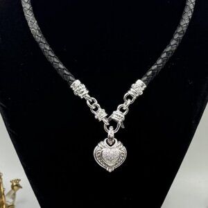 JUDITH RIPKA DIAMONIQUE Black Leather Cord Necklace Sterling Silver 925 Heart CZ